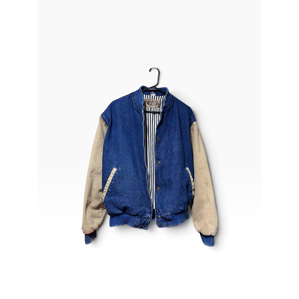 Vintage Turning Point Denim Varsity Jacket Mens Small Blue Tan Two Tone Bomber